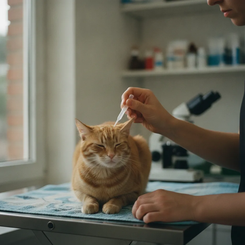 Application d'une pipette antiparasitaire sur la nuque d'un chat pour traiter la gale