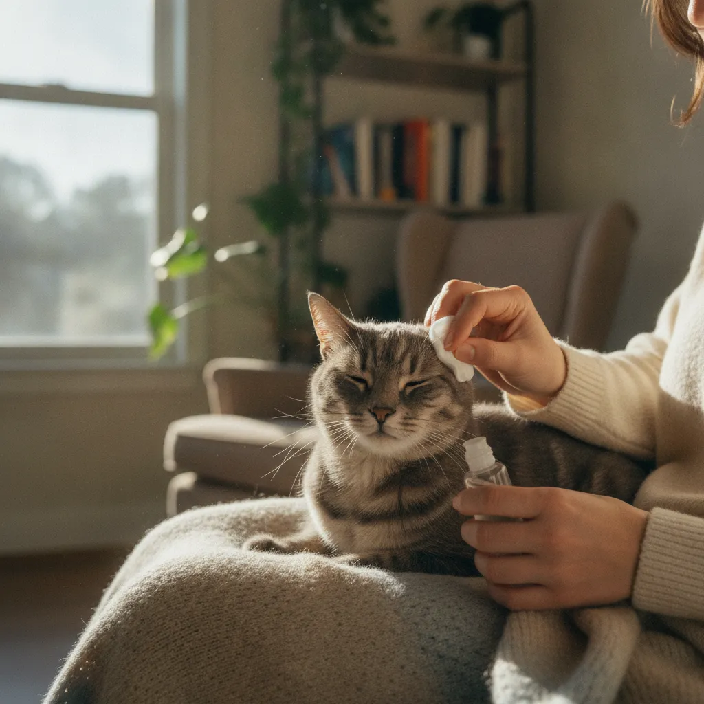 Nettoyage des oreilles d'un chat à domicile avec une compresse et une solution auriculaire adaptée