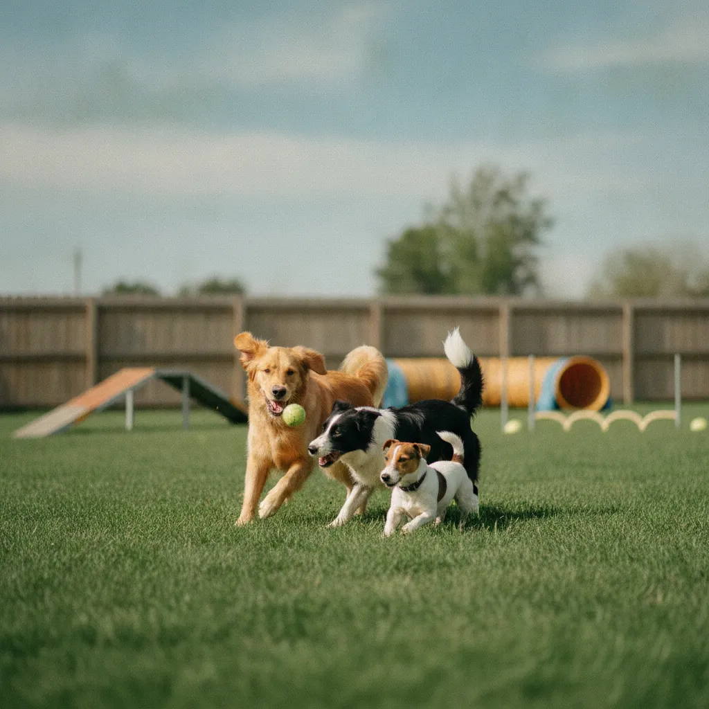 Des chiens de tailles différentes profitant de l'aire de jeux collective de la pension