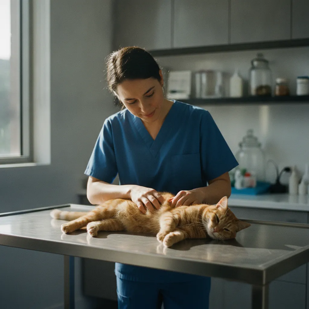 Examen vétérinaire de l'abdomen d'un chat présentant des vomissements répétés