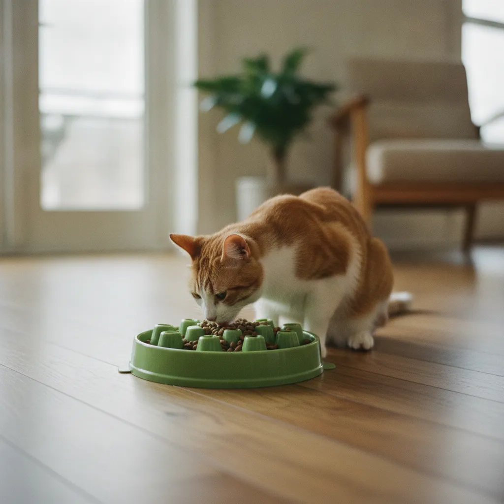 Un chat utilisant une gamelle anti-glouton pour ralentir sa prise alimentaire