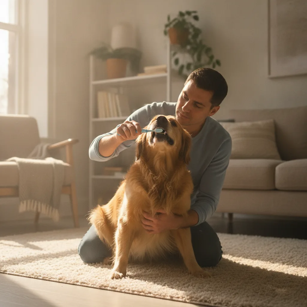 Une personne brosse les dents de son chien avec une brosse adaptée