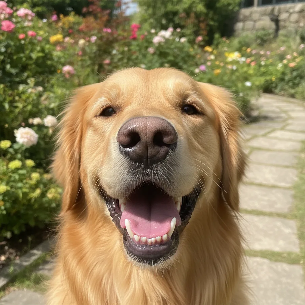 Un chien en bonne santé aux dents propres dans un jardin