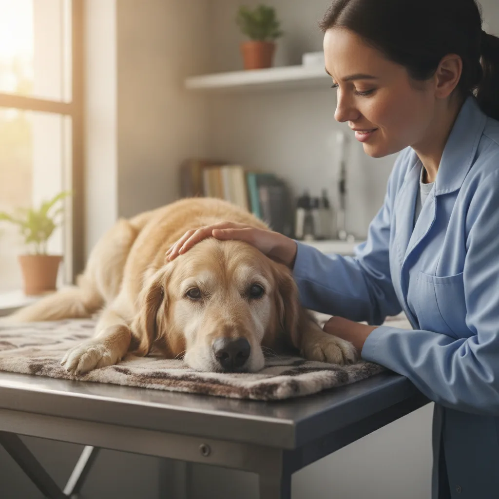 Un vétérinaire réconforte doucement un chien âgé avant l'acte