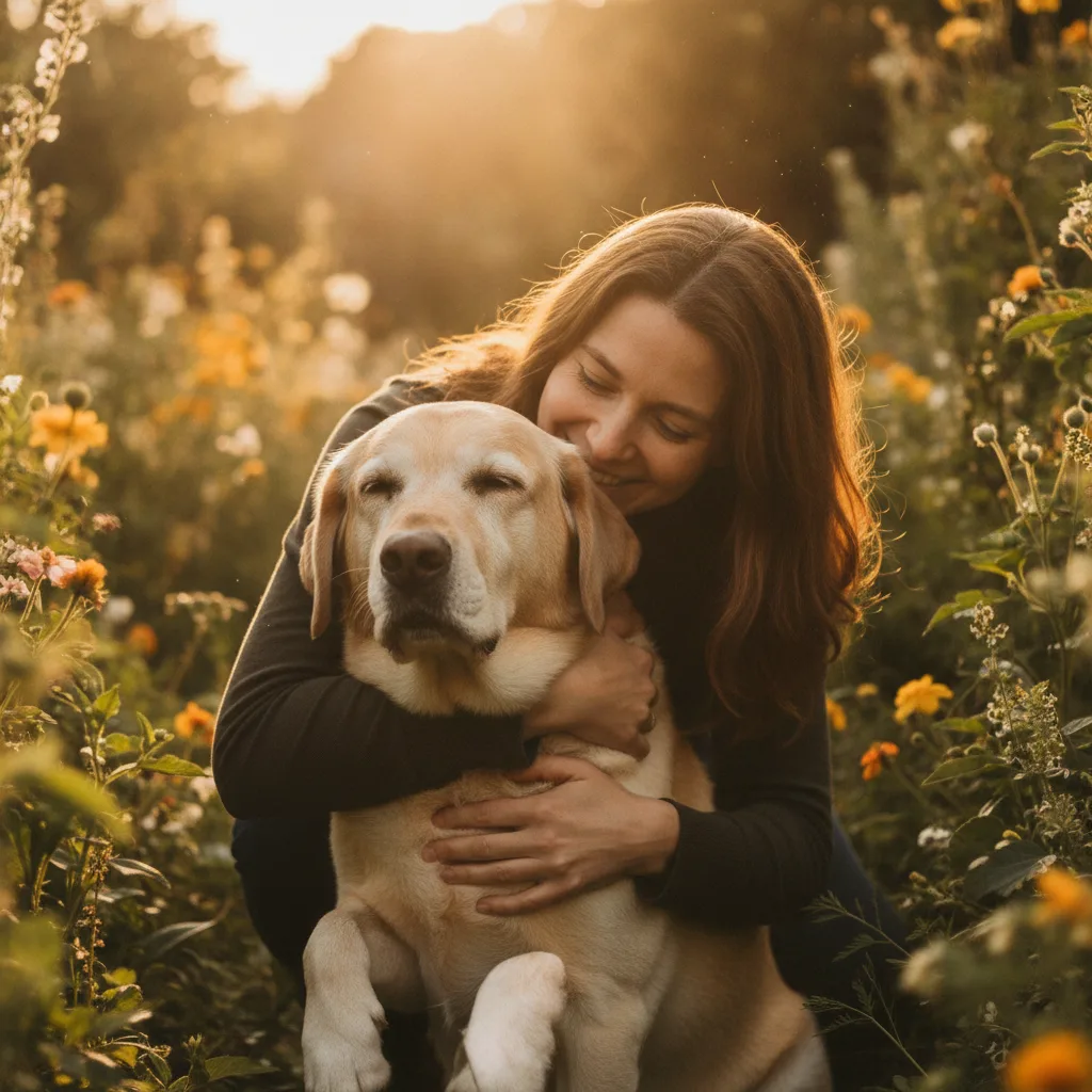 Un maître enlace tendrement son chien senior dans le jardin au coucher du soleil