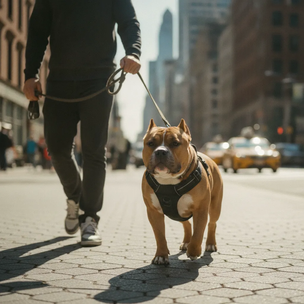 En milieu urbain, l'American Bully doit être tenu en laisse et maîtrisé en permanence