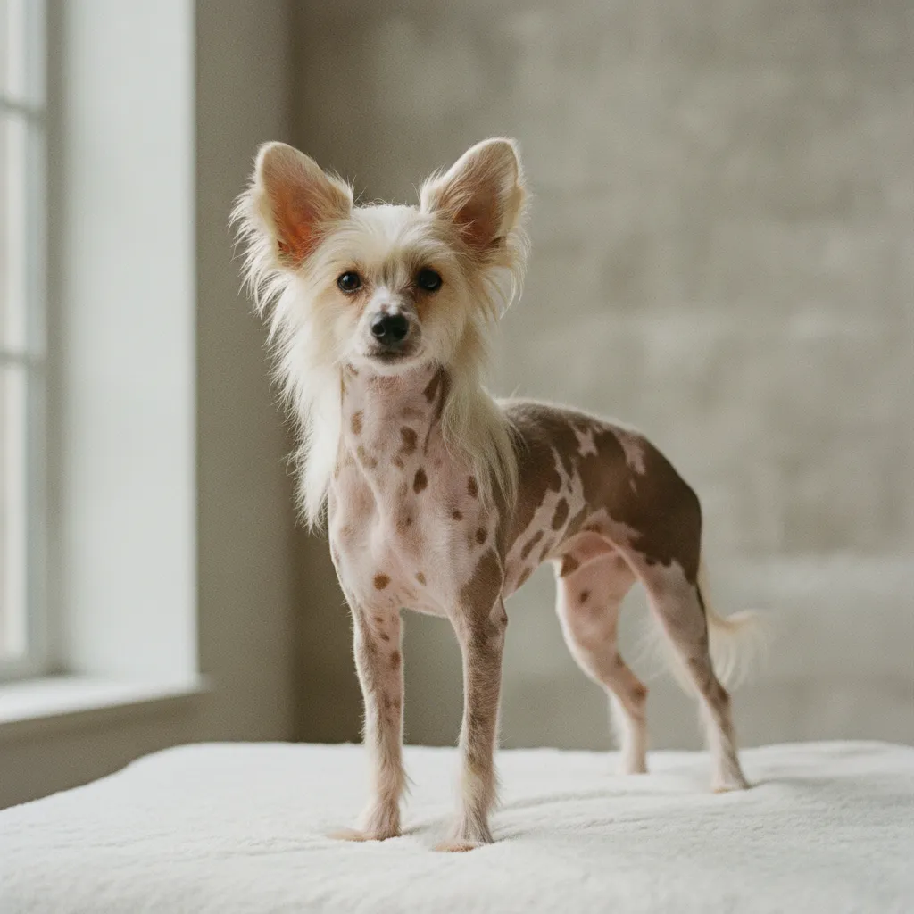 Le chien chinois à crête nu possède une peau tachetée qui demande une protection solaire adaptée