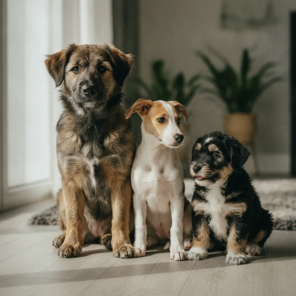 Trois chiots croisés d'une même portée illustrant la diversité génétique des croisements