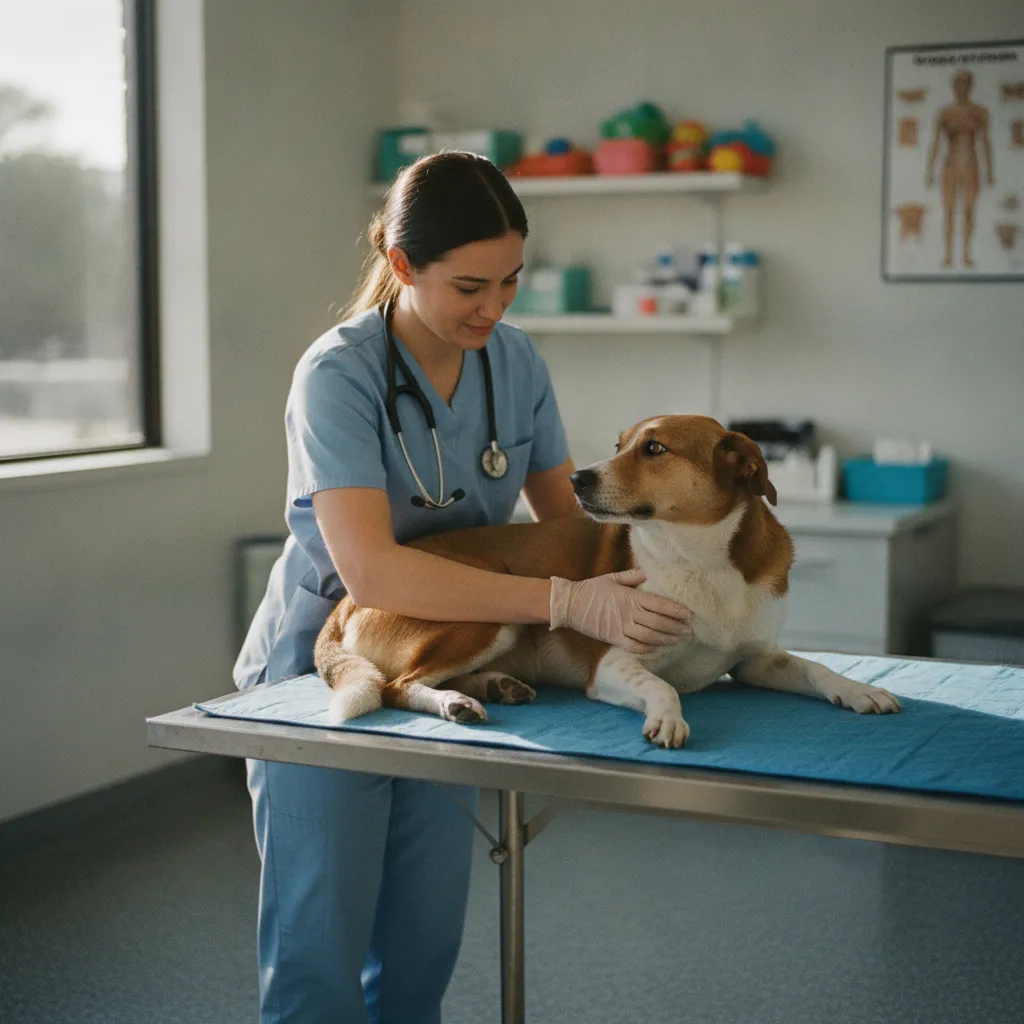 Examen vétérinaire d'un chien croisé lors de sa première consultation post-adoption