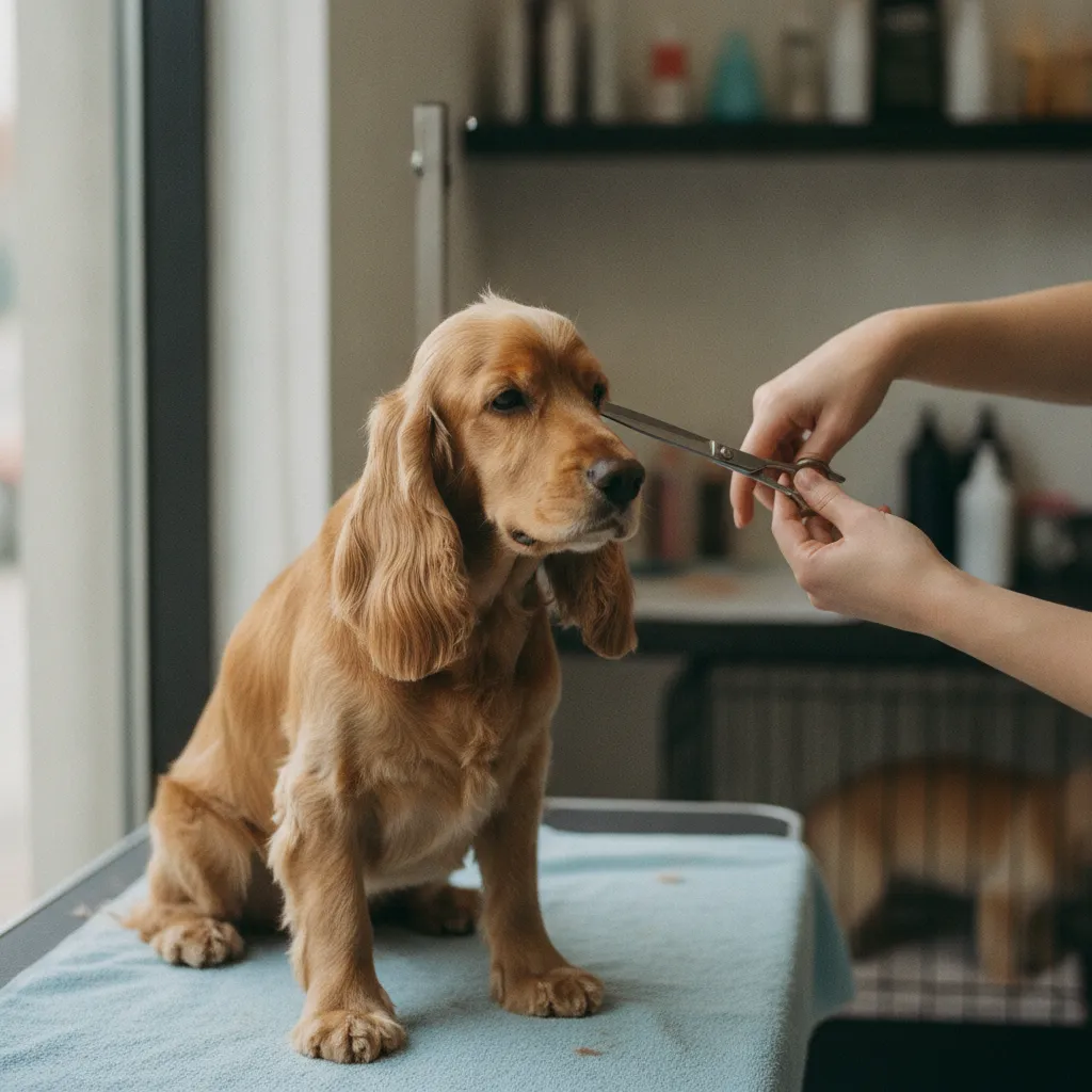 La coupe aux ciseaux des oreilles du Cocker demande précision et douceur