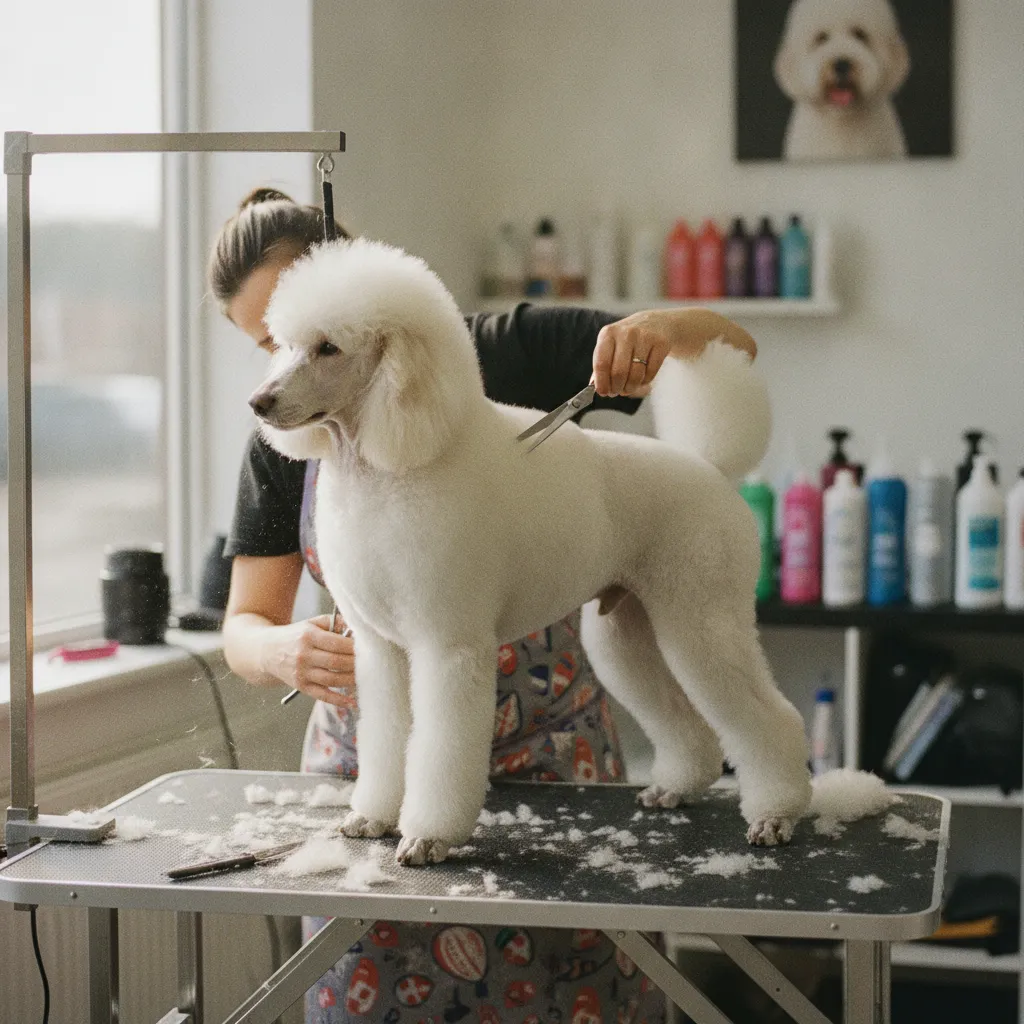 La coupe ciseaux du caniche demande un savoir-faire spécifique et un temps de travail plus long