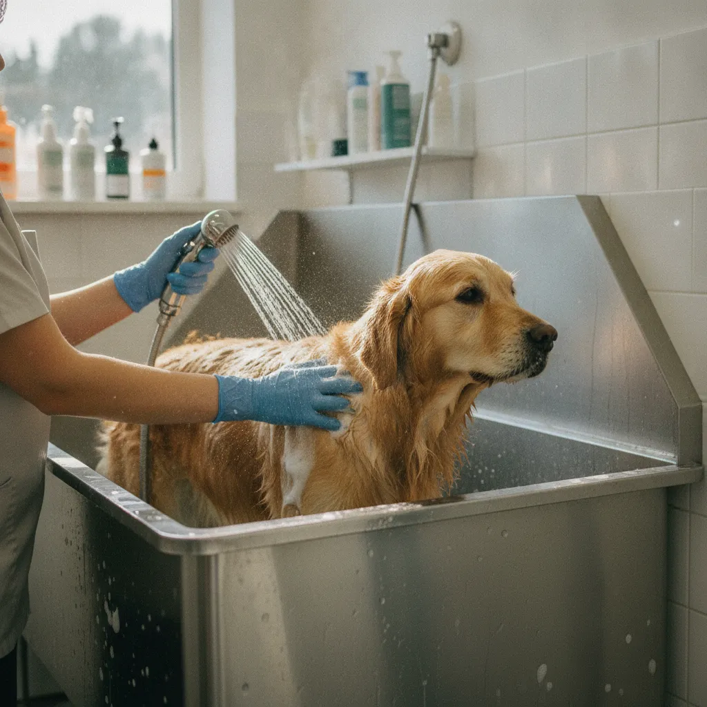 Le bain en salon fait partie des prestations de base du toilettage canin