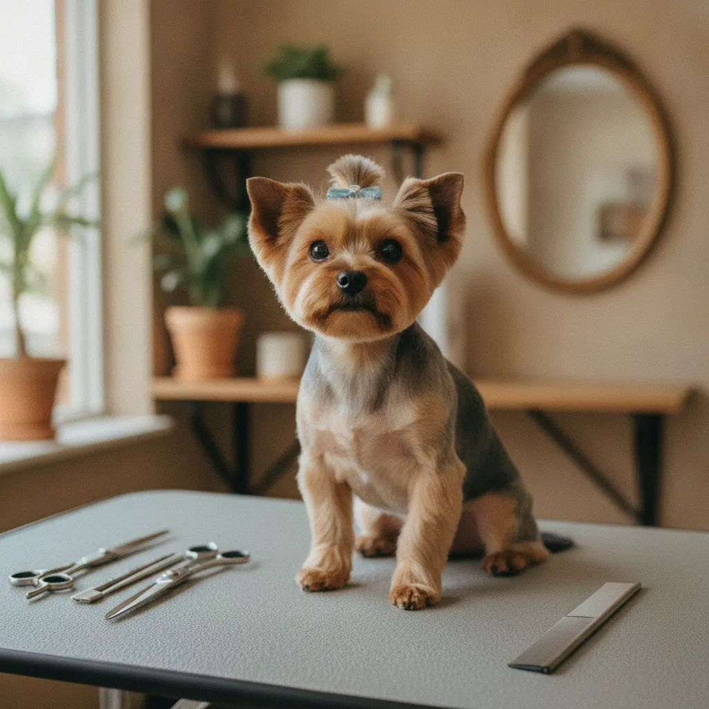 Un Yorkshire fraîchement toiletté sur la table de travail du salon