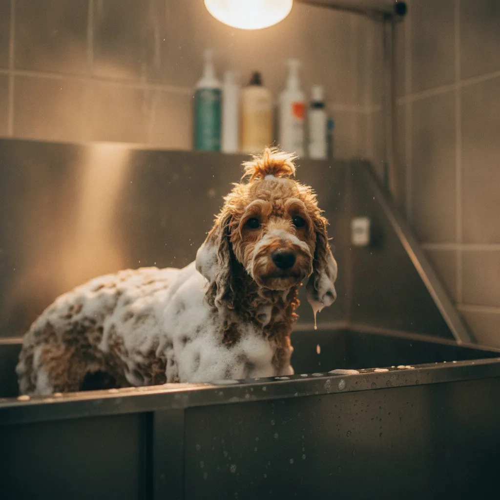 Bain professionnel d'un caniche dans une baignoire de toilettage adaptée