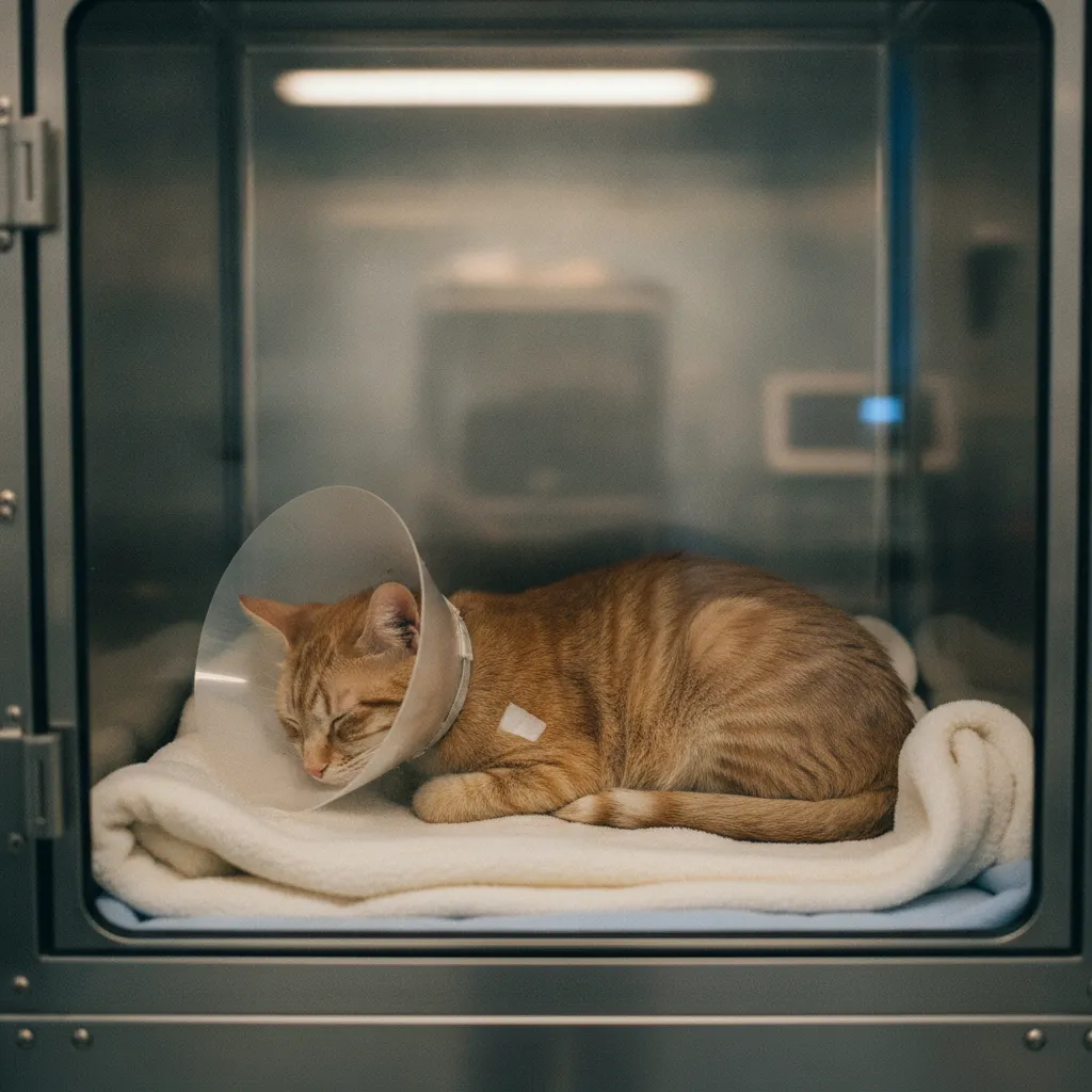 Après une stérilisation, le chat porte une collerette pendant 10 à 14 jours