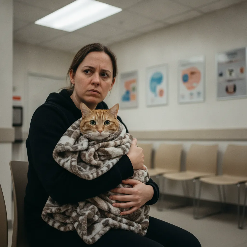 Propriétaire attendant avec son chat dans la salle d'attente des urgences vétérinaires