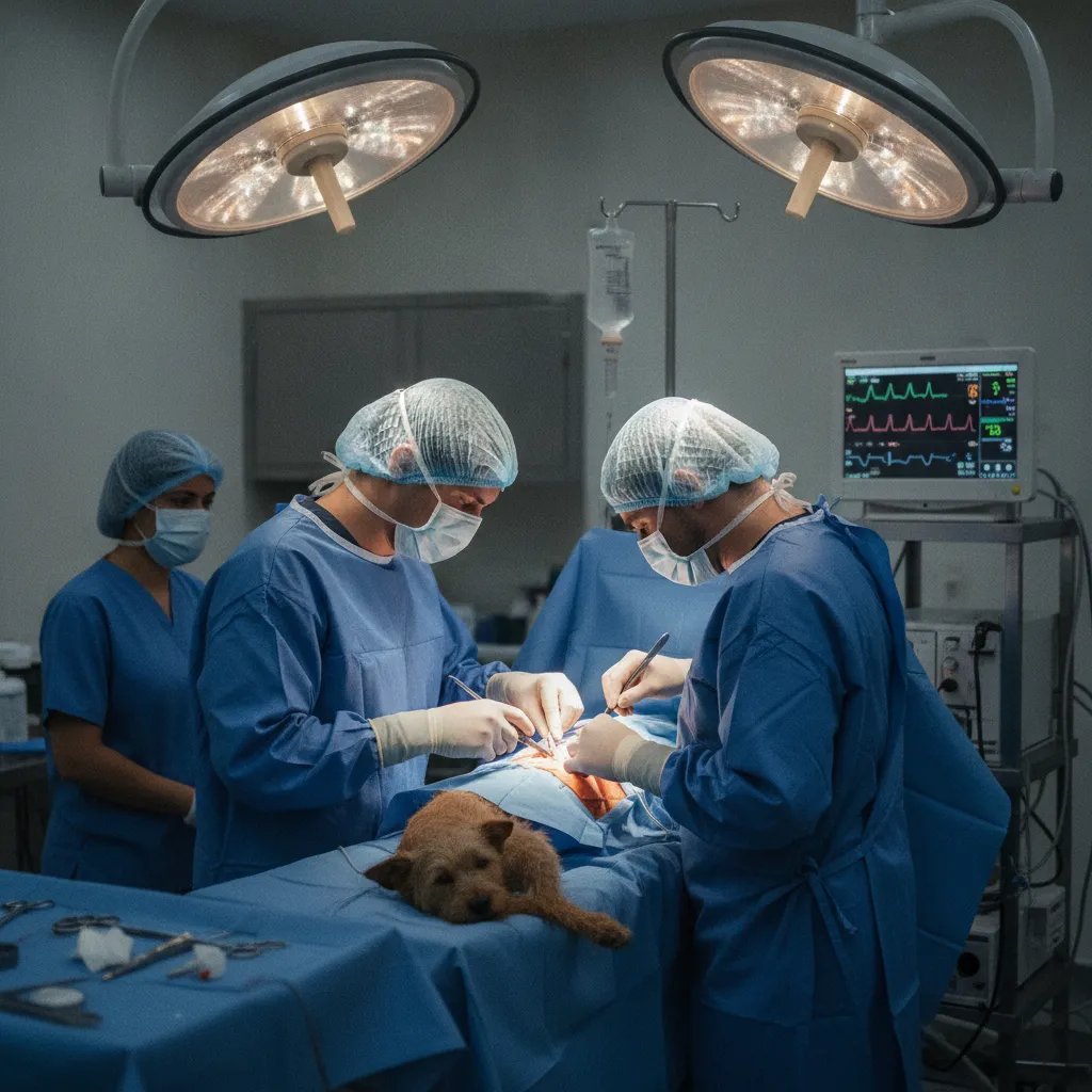 Intervention chirurgicale d'urgence sur un chien dans une clinique vétérinaire