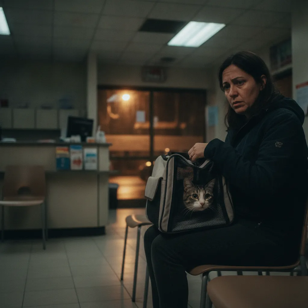 Un propriétaire inquiet attend avec son chat en caisse de transport aux urgences vétérinaires