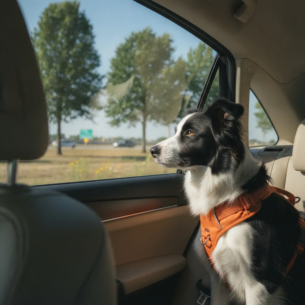 Un harnais de sécurité homologué protège votre chien pendant le trajet en voiture