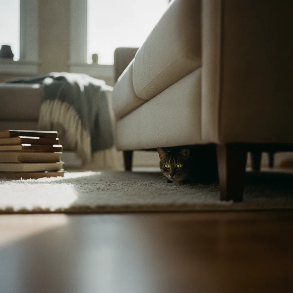 Un chat caché sous un canapé après un épisode d'agressivité par peur