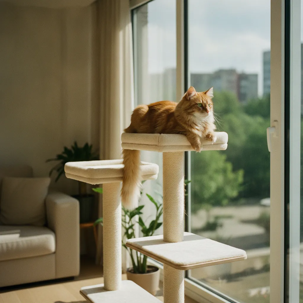 Un arbre à chat avec plusieurs niveaux, élément clé de l'enrichissement environnemental pour prévenir l'agressivité