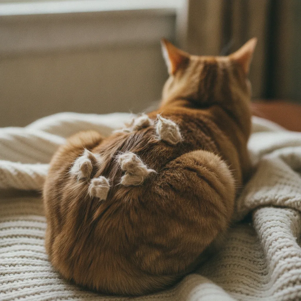 Paquets de poils agglomérés visibles sur le dos d'un chat tigré