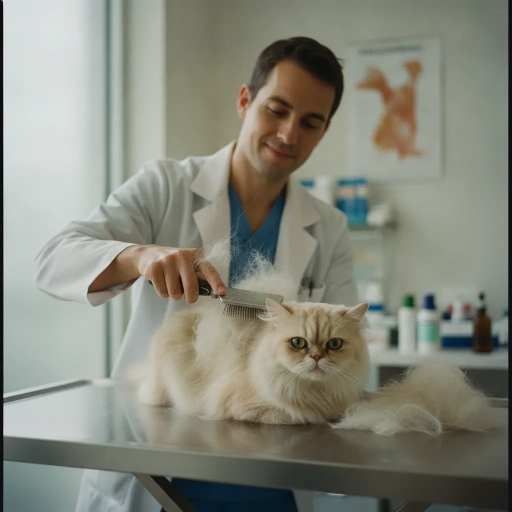 Démêlage des bourres de poils chez un chat à poil long avec un outil adapté