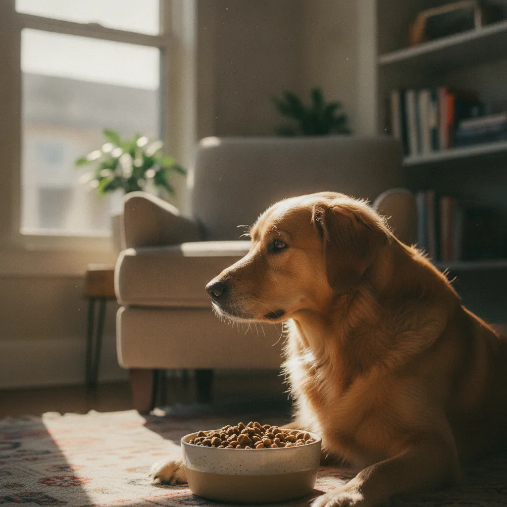 Un chien qui renifle ses croquettes puis s'éloigne oriente souvent vers un caprice plutôt qu'une maladie