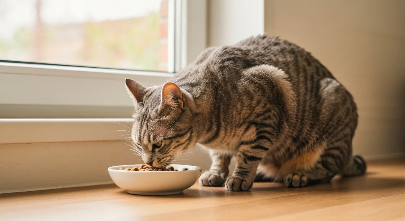 Un chat stérilisé de poids normal consommant sa ration quotidienne de croquettes adaptées