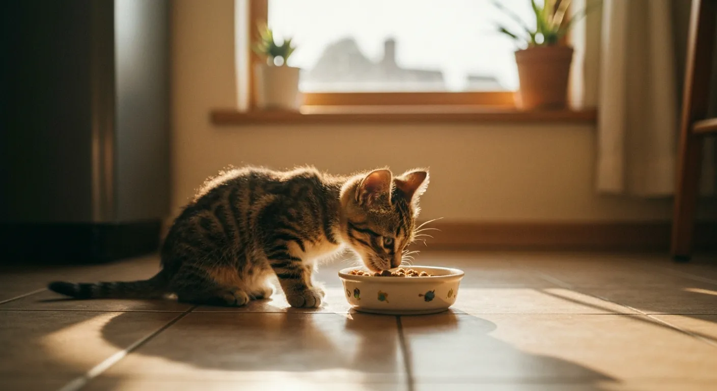 Un chaton de quelques mois découvre ses premières croquettes dans sa gamelle