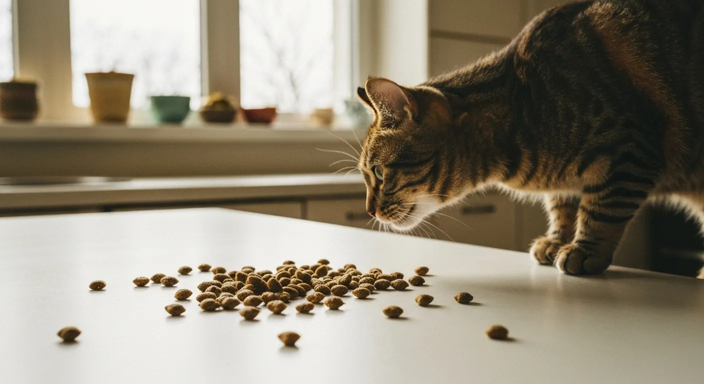 Croquettes sèches pour chat étalées près d'une gamelle, un quotidien pour des millions de foyers