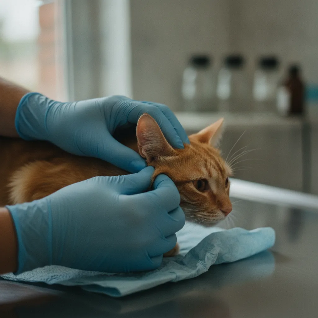 Examen dermatologique d'un chat présentant des lésions de grattage derrière les oreilles