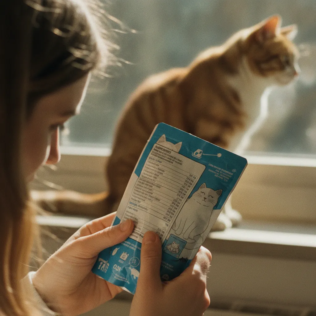 Lecture attentive de la liste des ingrédients sur un paquet de croquettes pour chat