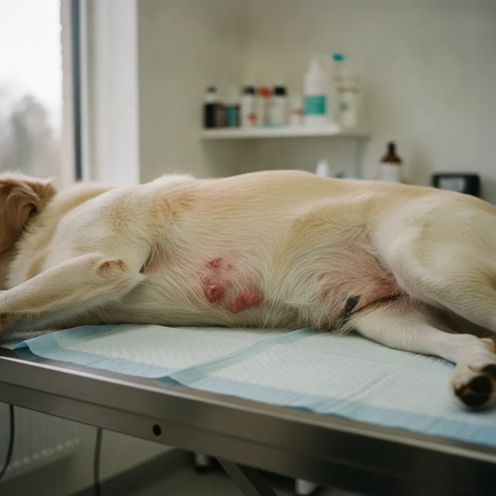 Lésions cutanées visibles sur le ventre d'un chien présentant une dermatite allergique