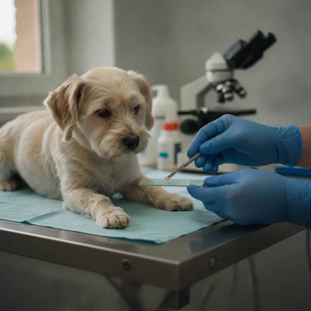 Raclage cutané réalisé sur la patte d'un chien pour rechercher des parasites microscopiques