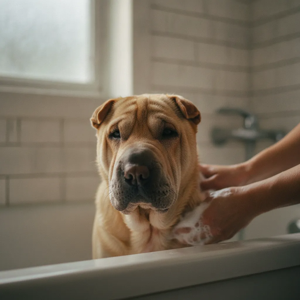 Application d'un shampoing antiseptique sur un chien à plis cutanés pour traiter une dermatite à Malassezia