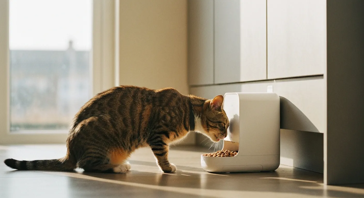 Un chat tigré mange ses croquettes distribuées automatiquement à heure fixe