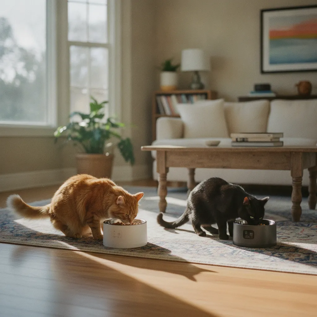 Dans un foyer multi-chats, chaque animal dispose de son propre distributeur pour éviter les conflits