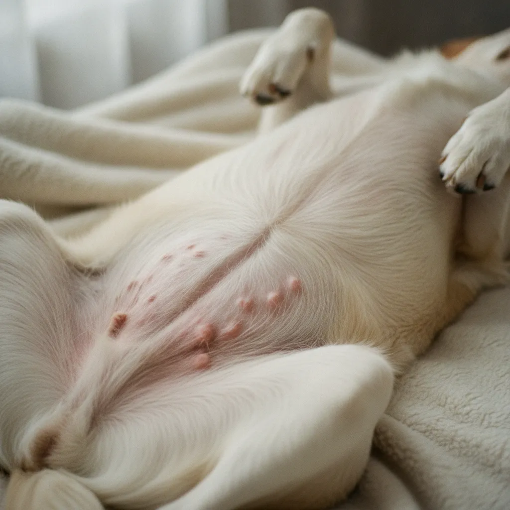 Rougeurs caractéristiques de l'eczéma sur le ventre d'un chien