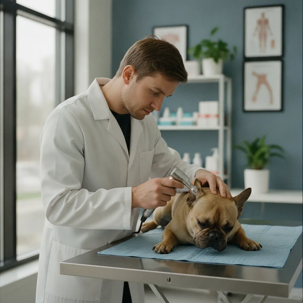 Un vétérinaire examine les plis cutanés d'un bouledogue français à la recherche de lésions d'eczéma