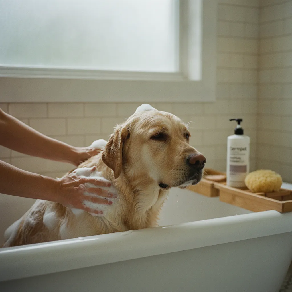 Application d'un shampooing dermatologique adapté lors du bain d'un chien atteint d'eczéma