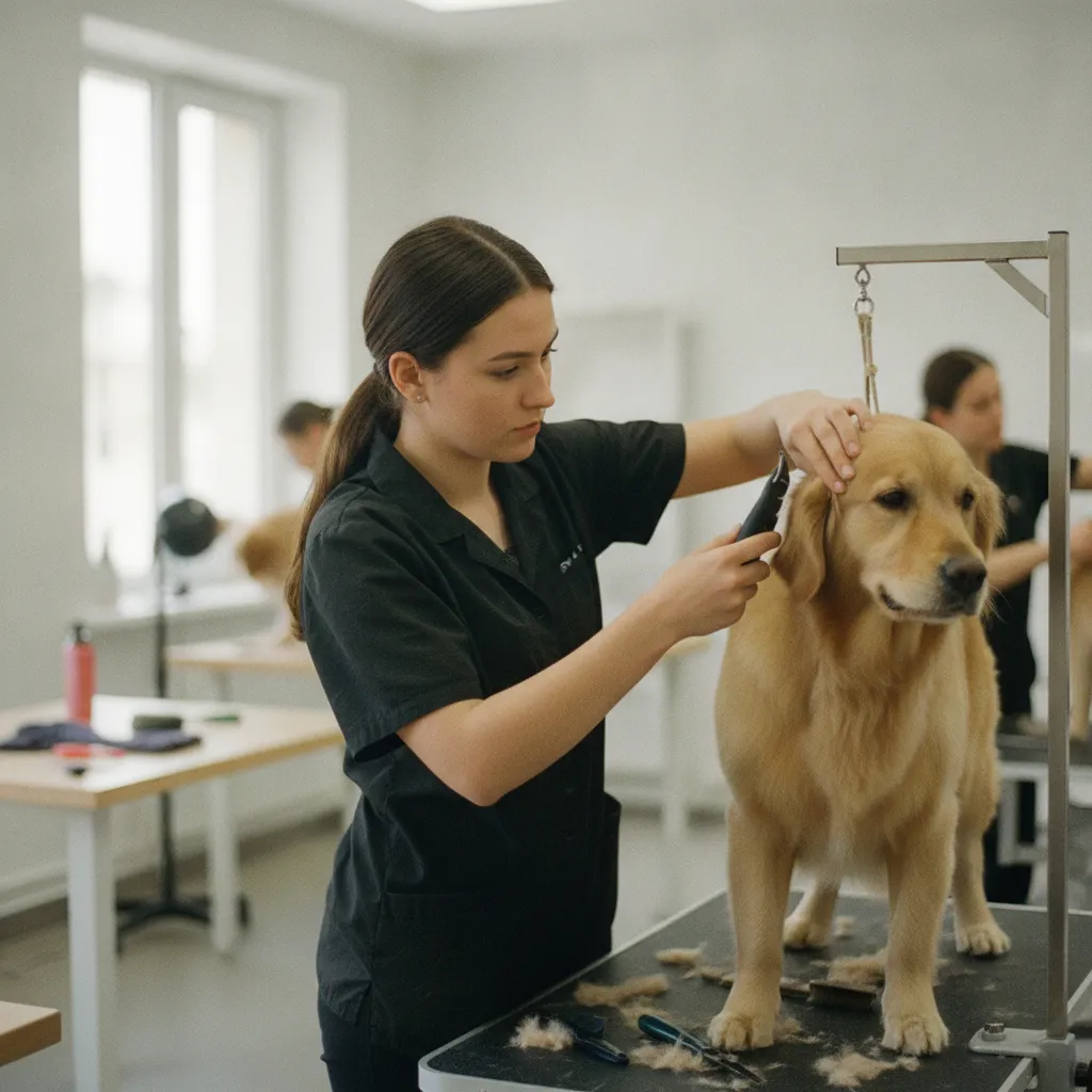 Une élève en formation pratique de toilettage canin apprend les techniques de coupe sous supervision