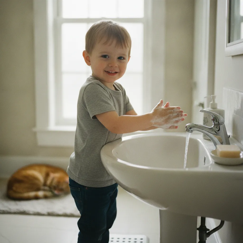 Apprendre aux enfants à se laver les mains après avoir caressé le chat est un geste de prévention essentiel