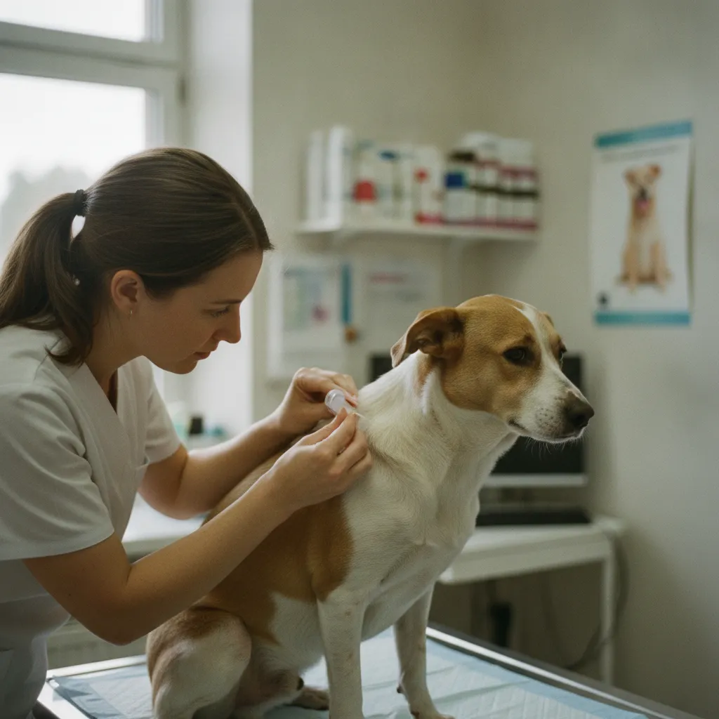 Application d'une pipette antiparasitaire entre les omoplates d'un chien