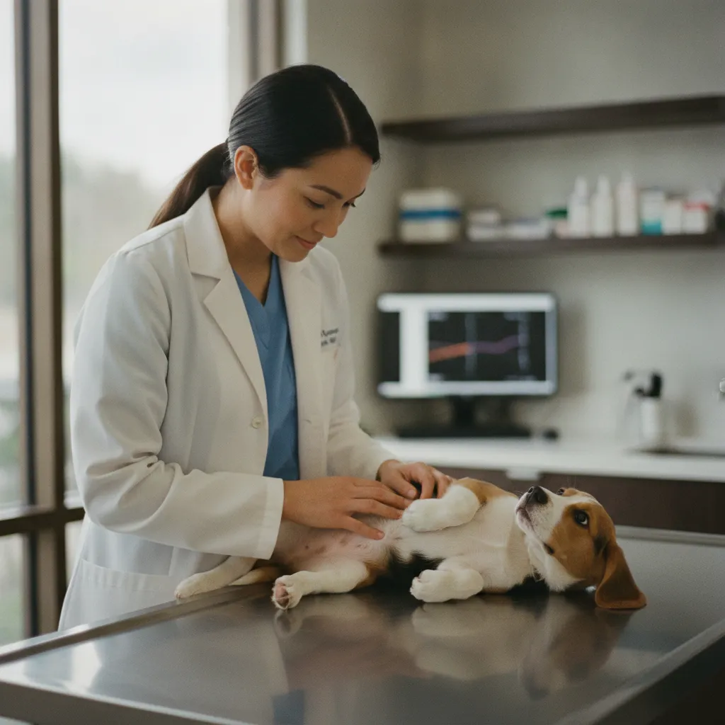 Le vétérinaire palpe le ventre du chien pour détecter d'éventuels signes de parasitisme