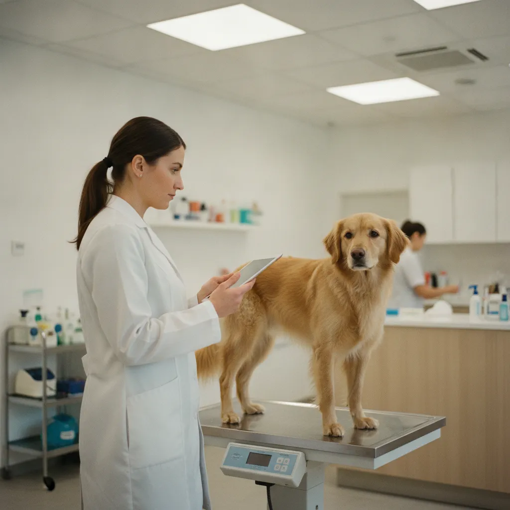 Le vétérinaire évalue le poids du chien pour ajuster sa ration alimentaire quotidienne
