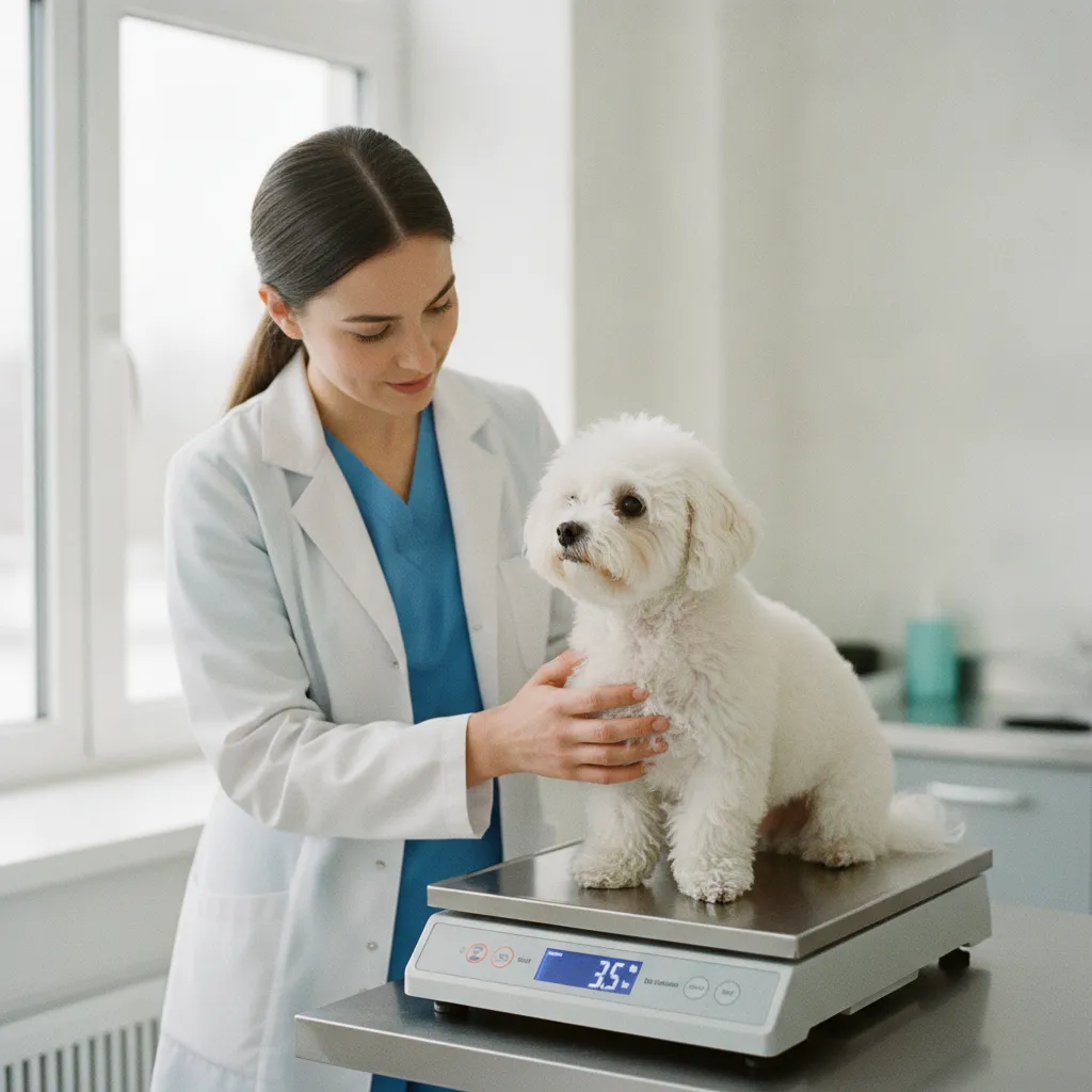 Pesée d'un Bichon Frisé en clinique vétérinaire pour adapter son alimentation