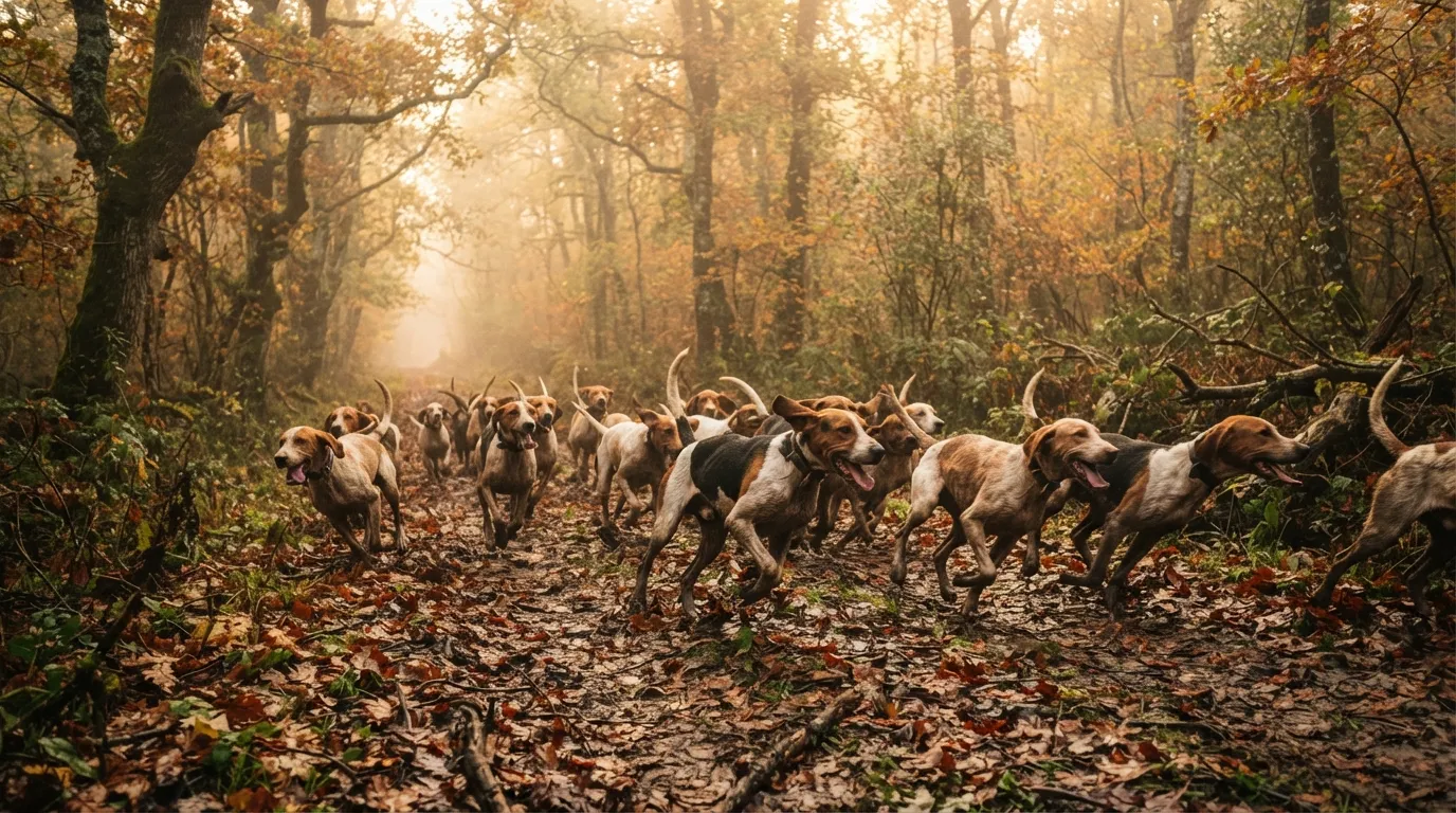 Meute de chiens courants français lancés sur une voie en forêt d'automne