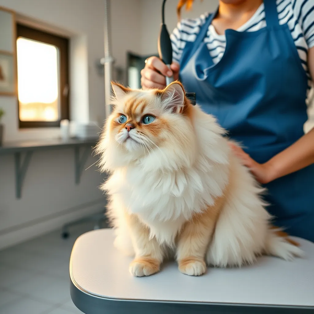 Un toiletteur professionnel brosse délicatement un chat Persan au pelage long et dense