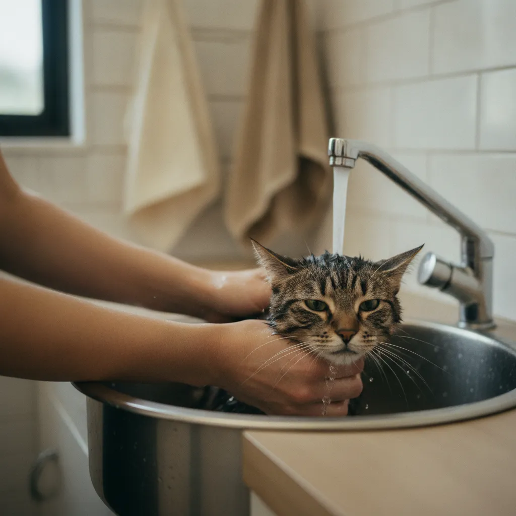 Le bain du chat se fait à l'eau tiède avec un shampooing adapté au pH félin